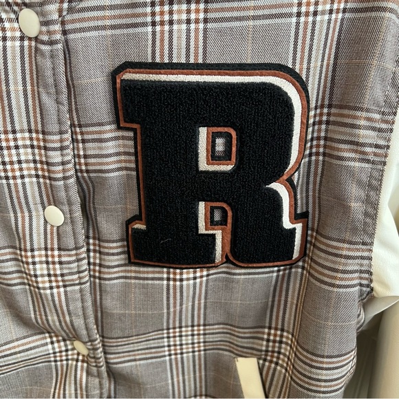 H&M Cream & Brown Plaid R Patch Snap Button Varsity Baseball Jacket Size XXS - Picture 4 of 8